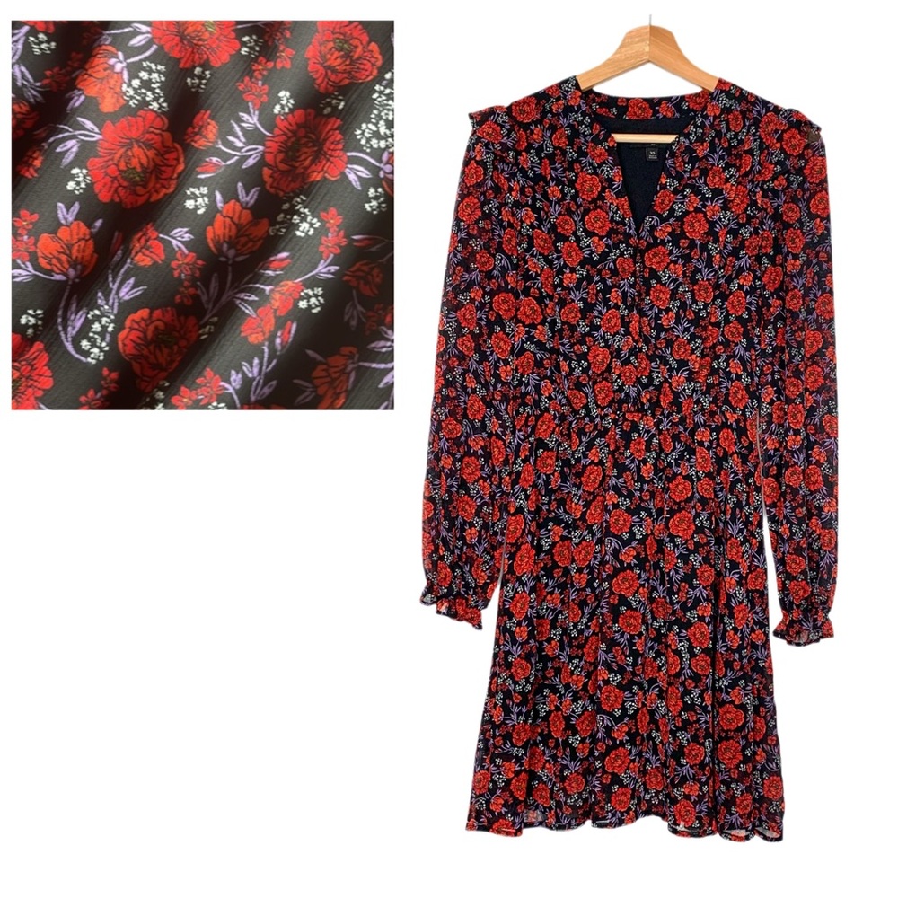 Banana Republic 2016 Red Black Floral Print Mini Dress Long Sleeves Size XS